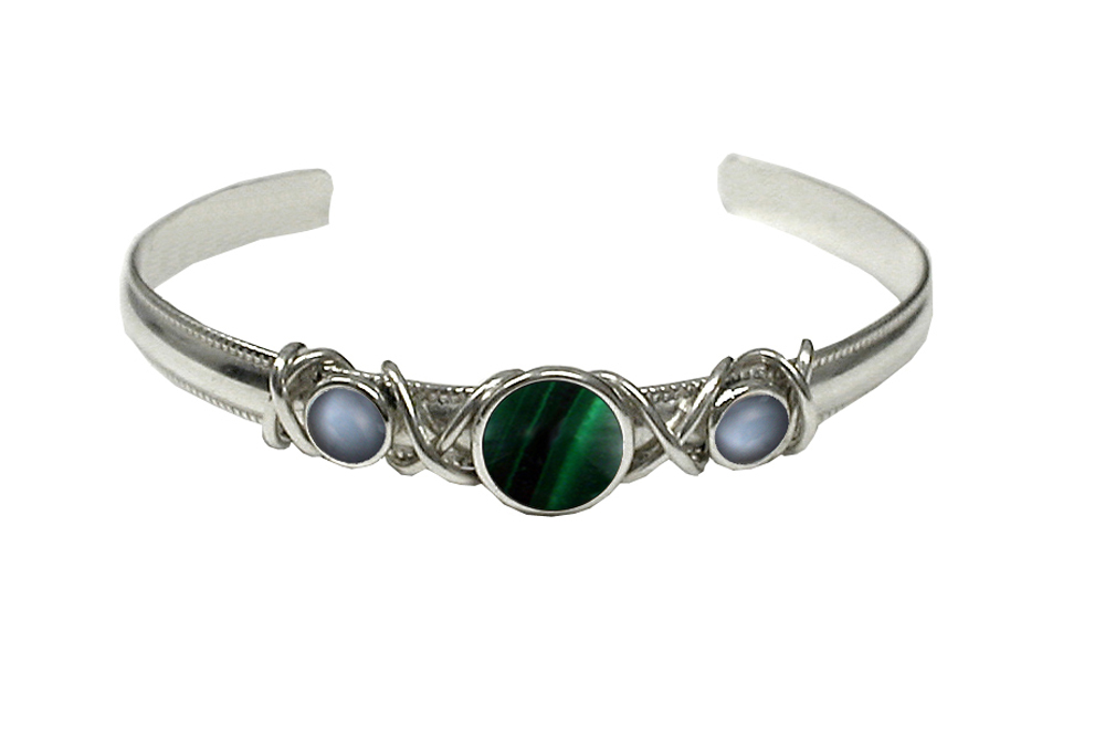 Sterling Silver Hand Made Cuff Bracelet With Malachite And Grey Moonstone